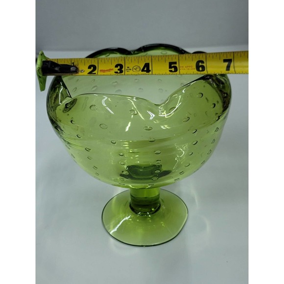 Vintage Bischoff Glass Hand Blown Green Compote Controlled Bubbles - Picture 8 of 11